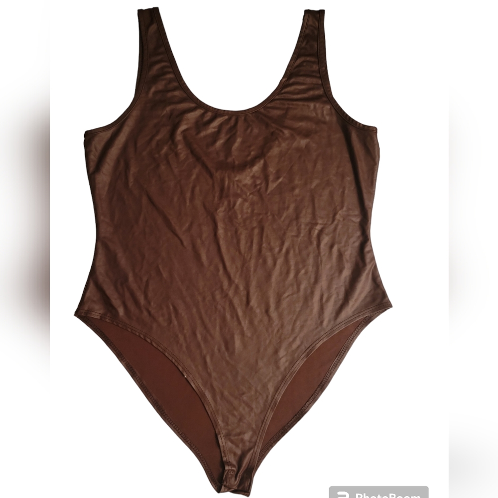 BROWN FAUX LEATHER TANK BODYSUIT